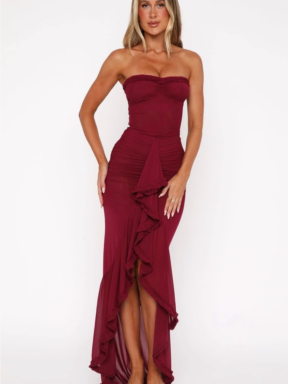White Fox Boutique Strapless Burgundy High-Low Ruched Dress